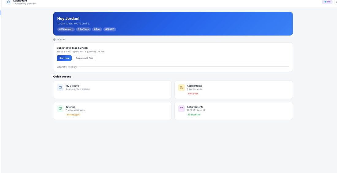 Student dashboard with up next and quick access